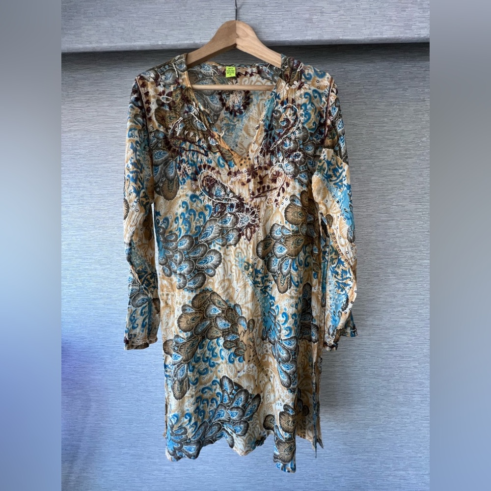 Raj Boho Embroidered Tunic in Teal, Brown & Cream